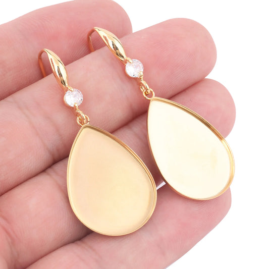 6pcs Gold Plated Zircon Stone Earring Hooks Findings 18x25mm Teardrop Cabochon Earring Base Setting Blanks Stainless Steel Diy