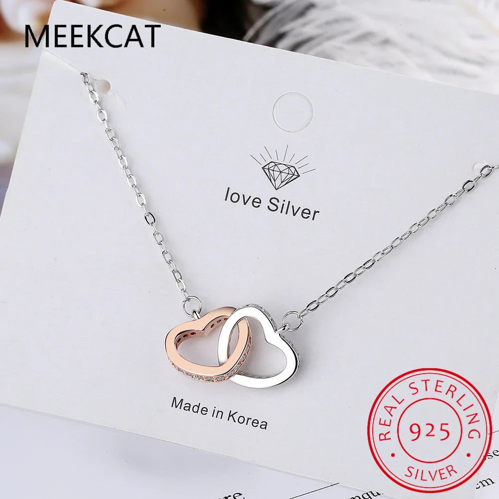 925 Sterling Silver Double Heart Pendant Necklace Clavicle Chain Link for Women Party Jewelry Valentine's Day Gift BSN339