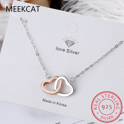 925 Sterling Silver Double Heart Pendant Necklace Clavicle Chain Link for Women Party Jewelry Valentine's Day Gift BSN339