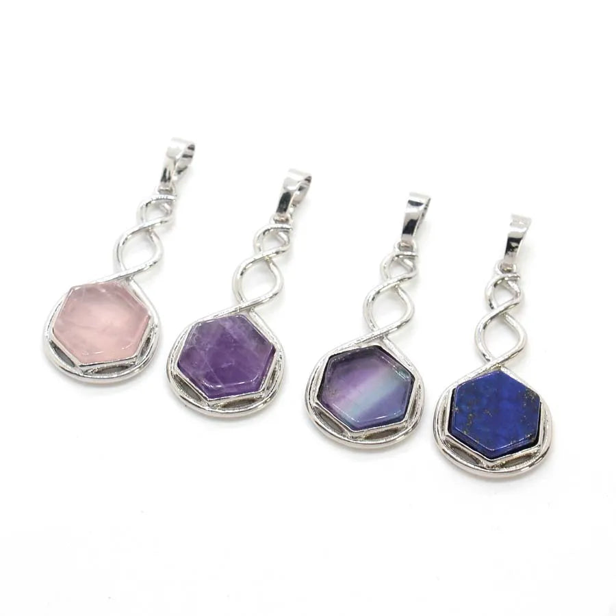 Crystal Hexagon Stone Pendant Necklace For Women Natural Amethyst Lapis Lazuli Dangle Hook Earrings Pendants Necklace Jewelry