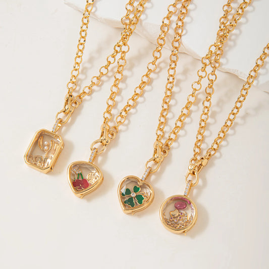 Retro personality picture box pendant with openable DIY pendant, hollow design, transparent box, gold-plated color preservation