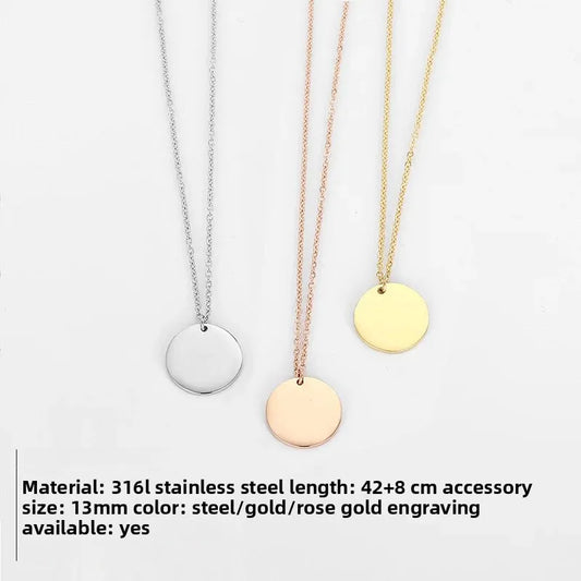 St.delan Golden round Pendant Short Stainless Steel Necklace Clavicle Chain Engraving Available Jewelry Accessory