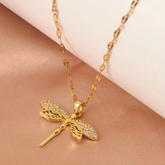 Classics Dragonfly Inlaid zircon Pendant Necklace For Women Men Personalized Gold Color Metal Party Jewelry