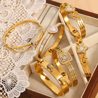 Chic Rhinestone Star Heart Bowknot Square Cuff Bracelet for Women Fashion Gold Plated Stainless Steel Bangles Jewelry Gifts