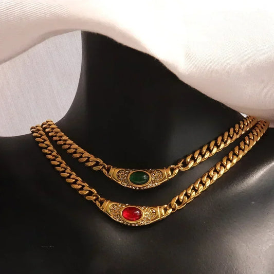 Medieval  Colorful Gem Glass Chain Collares Choker Necklace Stainless steel
