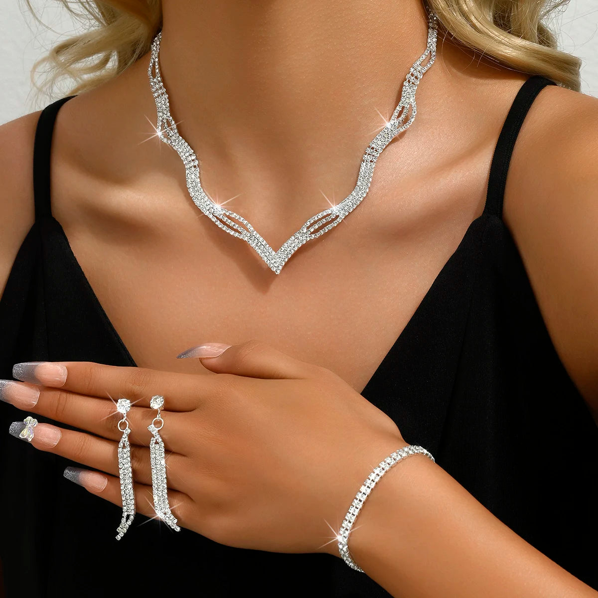 4PC Women's Fashion Copper Inlaid Diamond Claw Chain Cone Necklace Earrings Bracelet Set Wedding Party Festival Gift