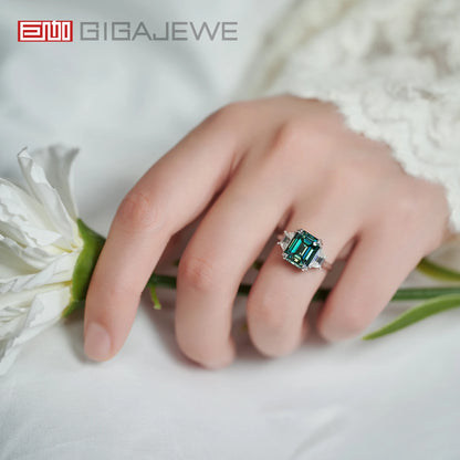 GIGAJEWE Moissanite Emerald Cut Natural Cyan 8X10mm 4.0ct S925 Silver Ring Diamond Test Passed Woman Wife Gift With GRA
