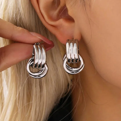 Stainless Steel Three-Layer Knot Earrings for Women Fashion Vintage Glossy Geometric Twisted Earrings Trendy Party Jewelry Gifts