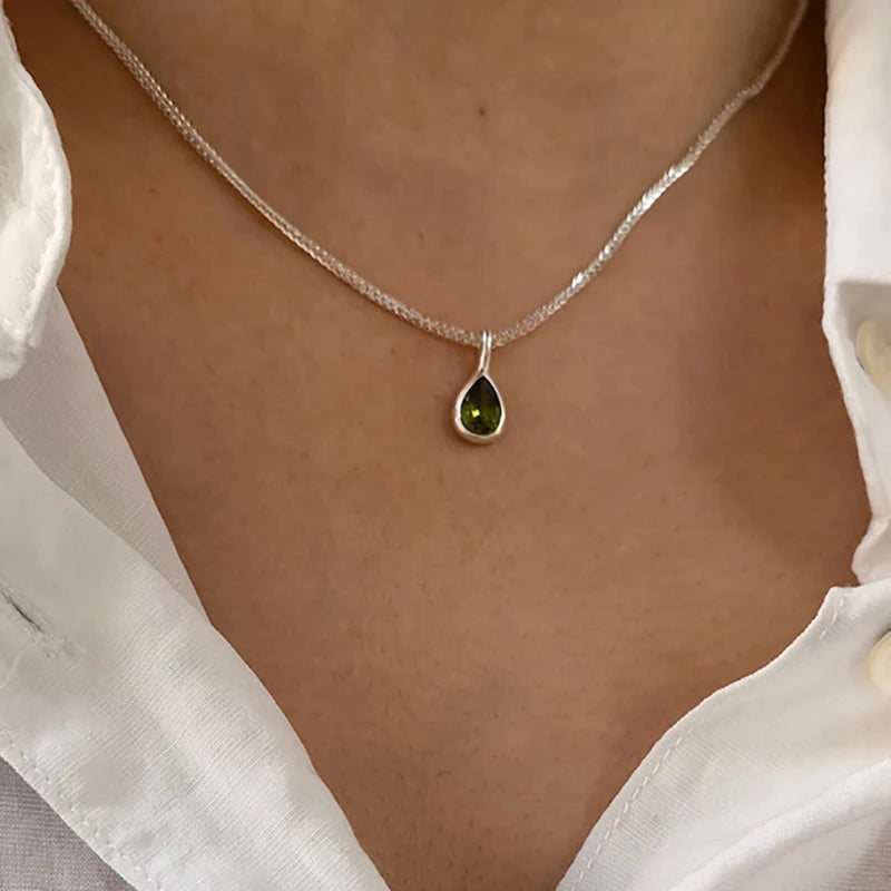FOXANRY Stamp Water Drop Pendant Sweater Necklace Charm Women Girl INS Fashion Vintage Punk Green Zircons Party Jewelry Gift