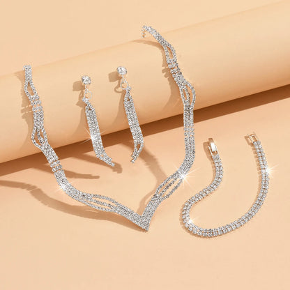 4PC Women's Fashion Copper Inlaid Diamond Claw Chain Cone Necklace Earrings Bracelet Set Wedding Party Festival Gift