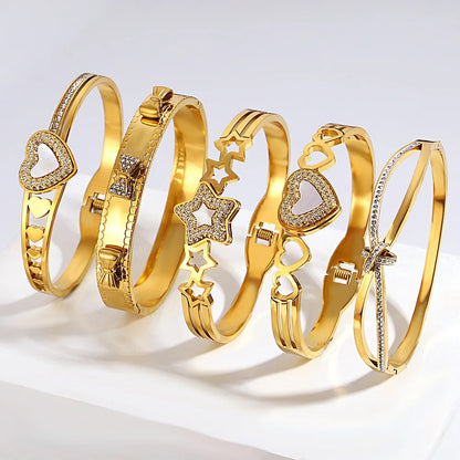 Chic Rhinestone Star Heart Bowknot Square Cuff Bracelet for Women Fashion Gold Plated Stainless Steel Bangles Jewelry Gifts