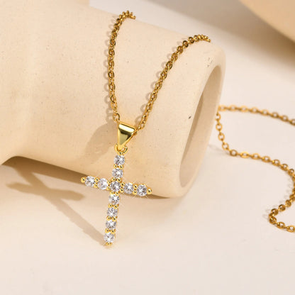Danity Cubic Zirconia Cross Pendant Necklace for Women, Stainles Steel Chain Adjustable