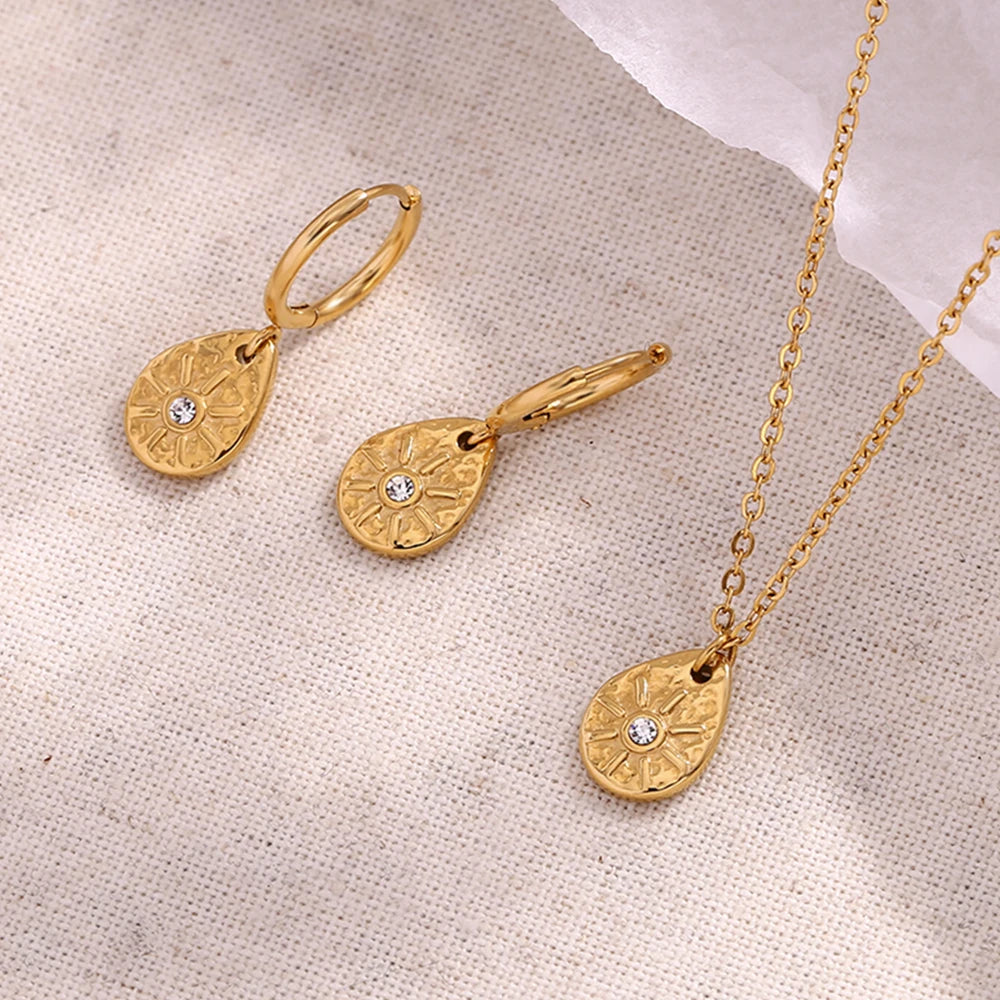 E.B.belle Sun Droplet Pendant Earrings Waterproof Hypoallergenic 316L Stainless Steel 18K Gold Plated Necklace