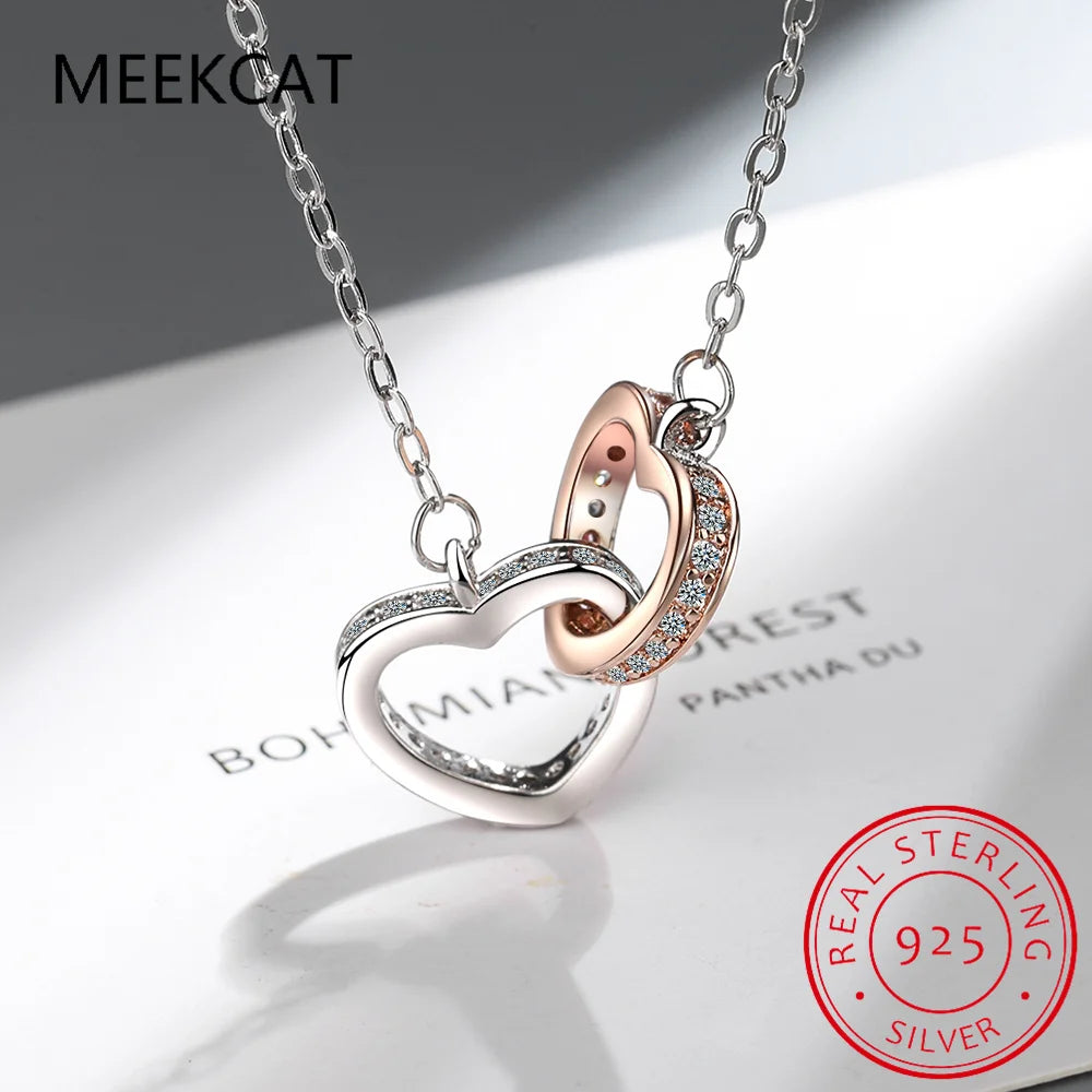 925 Sterling Silver Double Heart Pendant Necklace Clavicle Chain Link for Women Party Jewelry Valentine's Day Gift BSN339