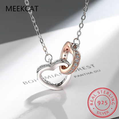 925 Sterling Silver Double Heart Pendant Necklace Clavicle Chain Link for Women Party Jewelry Valentine's Day Gift BSN339