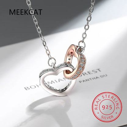 Fashion Double Love Heart Zircon Pendant Necklace 925 Sterling Silver Rose Gold Rhinestones Women's Jewelry Gift Hot Sale