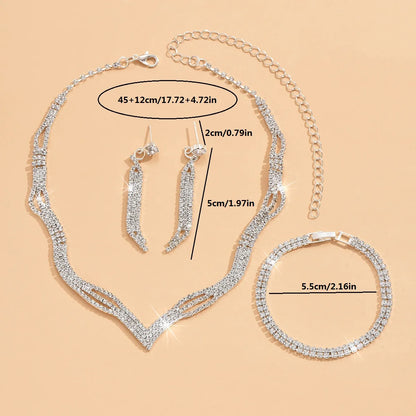 4PC Women's Fashion Copper Inlaid Diamond Claw Chain Cone Necklace Earrings Bracelet Set Wedding Party Festival Gift