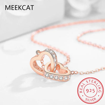 925 Sterling Silver Double Heart Pendant Necklace Clavicle Chain Link for Women Party Jewelry Valentine's Day Gift BSN339