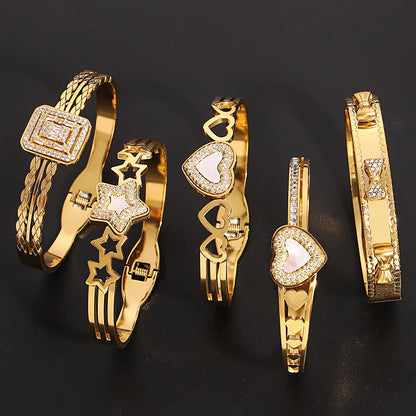 Chic Rhinestone Star Heart Bowknot Square Cuff Bracelet for Women Fashion Gold Plated Stainless Steel Bangles Jewelry Gifts