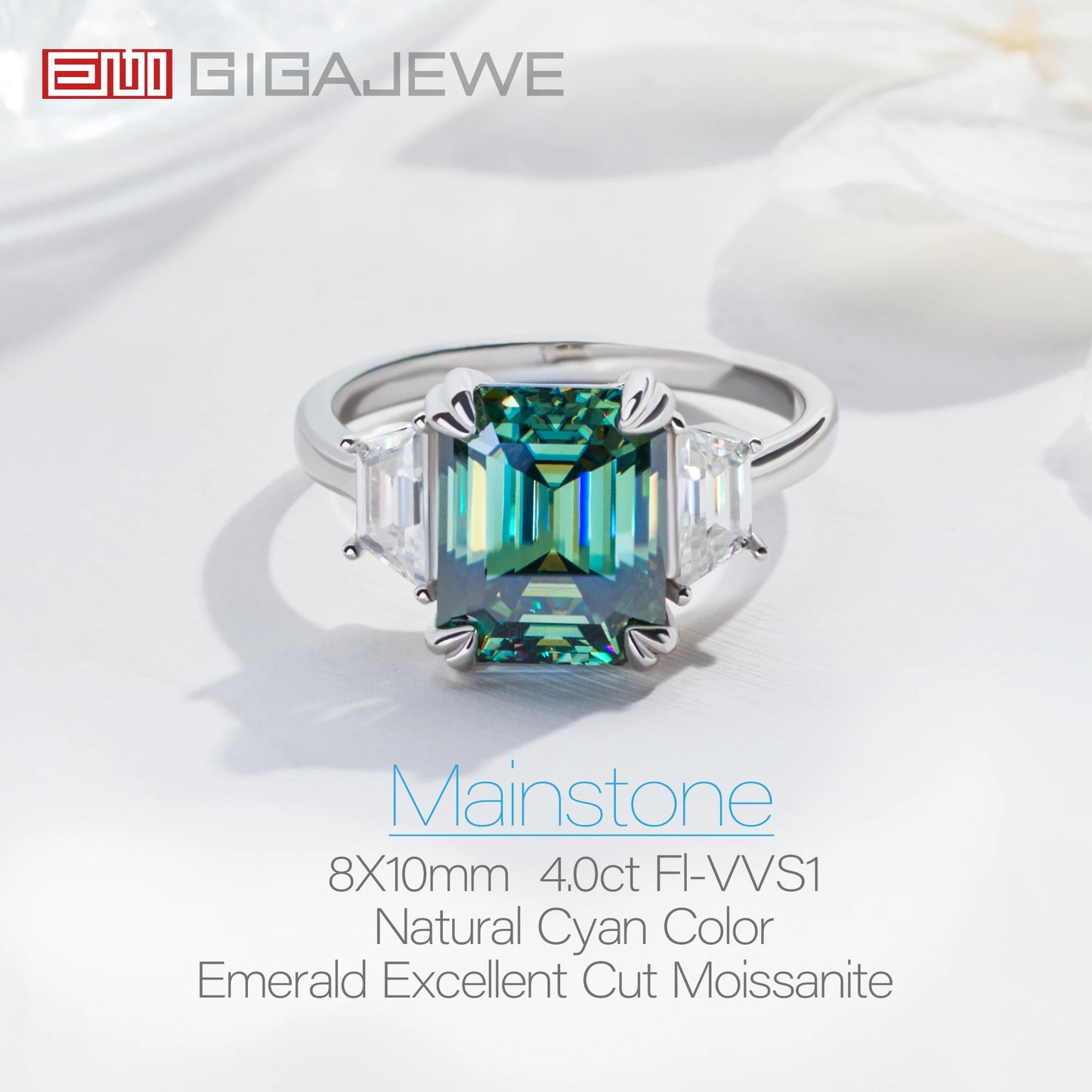 GIGAJEWE Moissanite Emerald Cut Natural Cyan 8X10mm 4.0ct S925 Silver Ring Diamond Test Passed Woman Wife Gift With GRA