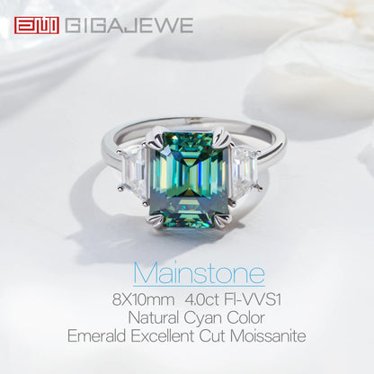 GIGAJEWE Moissanite Emerald Cut Natural Cyan 8X10mm 4.0ct S925 Silver Ring Diamond Test Passed Woman Wife Gift With GRA