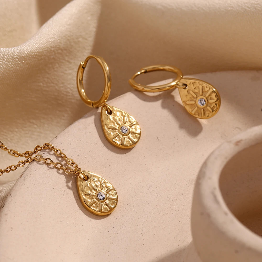 E.B.belle Sun Droplet Pendant Earrings Waterproof Hypoallergenic 316L Stainless Steel 18K Gold Plated Necklace