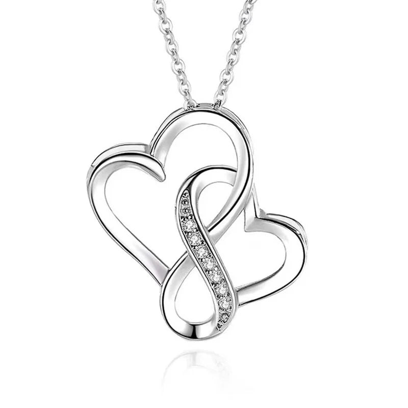 Fashion Double Heart Pendant For Lady Choker Necklace Jewelry Women 925 Sterling Silver Chain Necklace Female Anniversary Gift