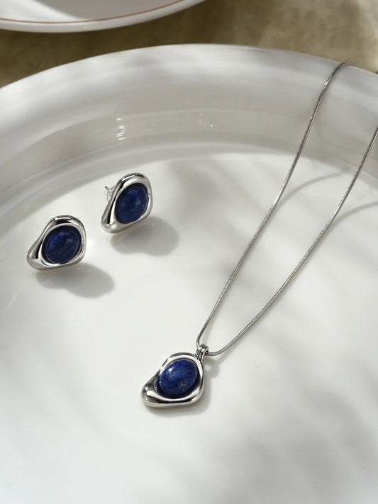 High-end Three-dimensional Round Natural Lapis Lazuli Necklace Stud Earrings Set