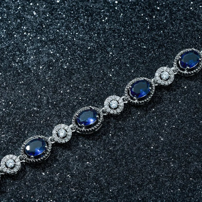 Luxury Shiny Retro Sterling Silver Zircon Oval Blue Crystal Bracelet for Women Korean Exquisite Party Jewelry Accessories Gifts