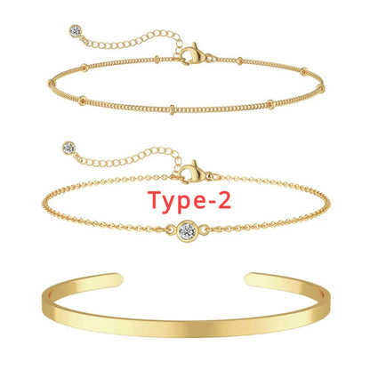 3pcs 14K Gold Plated STAINLESS Waterproof Bracelet Sets for Women Girls Snake Chain Cuban Link Cuff Bangle Stackable Bracelets