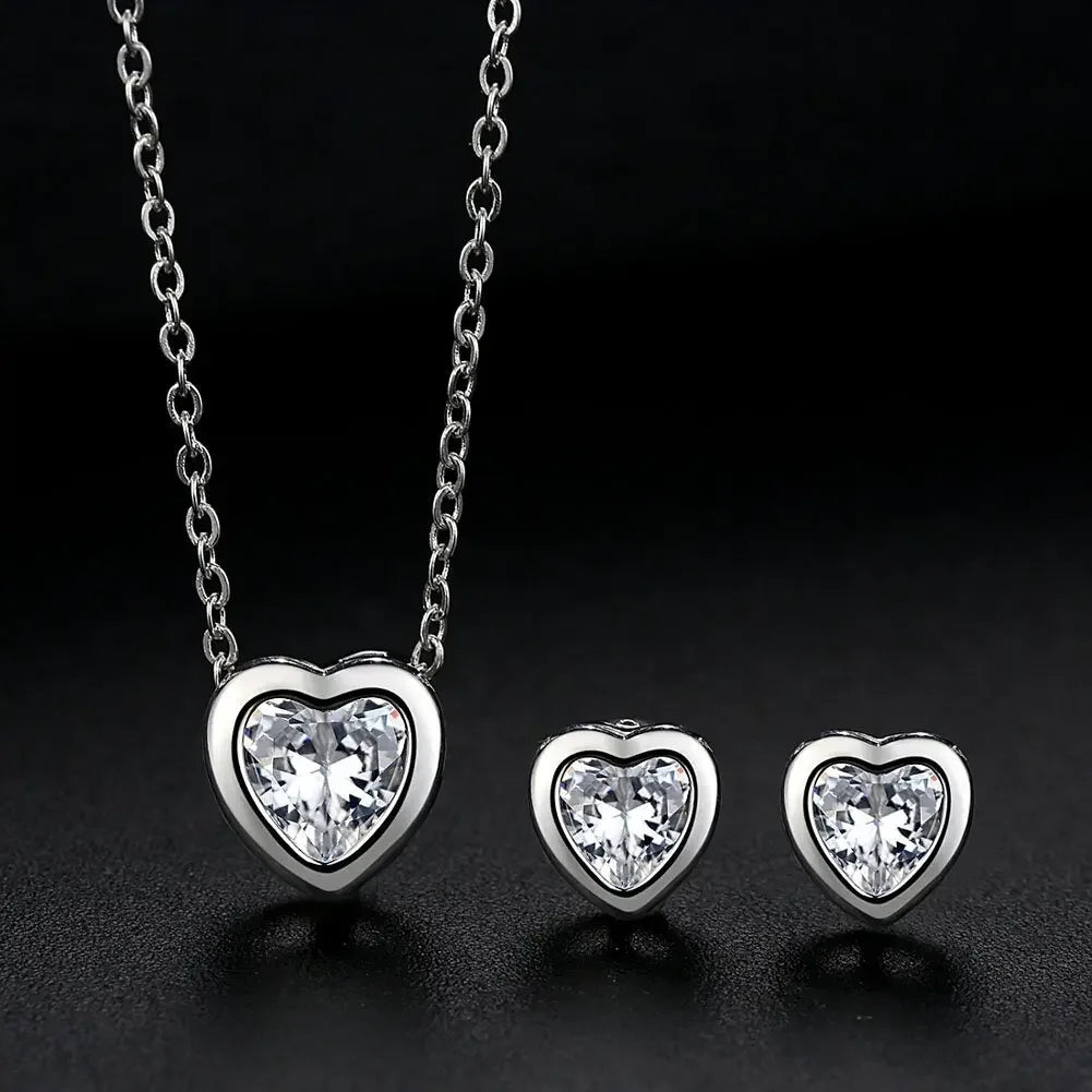 Fashionable Bride Jewelry Set Heart Shaped Zircon Pendant Necklace Earrings Women's Style Korean Version Pendant Loops