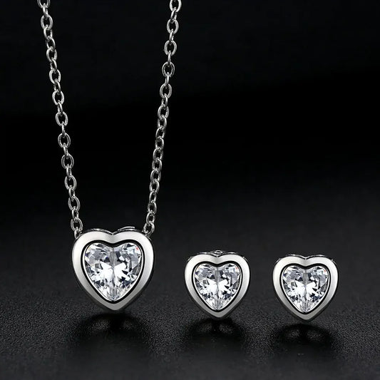 Fashionable Bride Jewelry Set Heart Shaped Zircon Pendant Necklace Earrings Women's Style Korean Version Pendant Loops