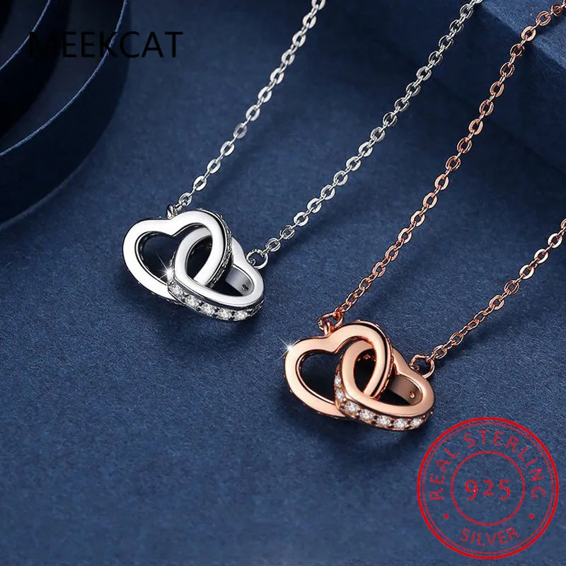 Fashion Double Love Heart Zircon Pendant Necklace 925 Sterling Silver Rose Gold Rhinestones Women's Jewelry Gift Hot Sale