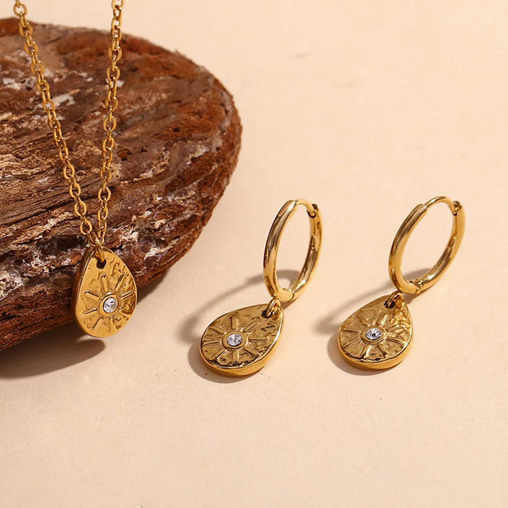 E.B.belle Sun Droplet Pendant Earrings Waterproof Hypoallergenic 316L Stainless Steel 18K Gold Plated Necklace