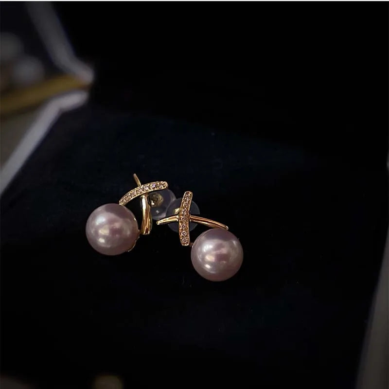 Genuine 18k Akoya Pearl Gold Earring Jewlery Woman,Wedding White Natural Gold Round Pearl Earrings Engagement Birthday Gifts